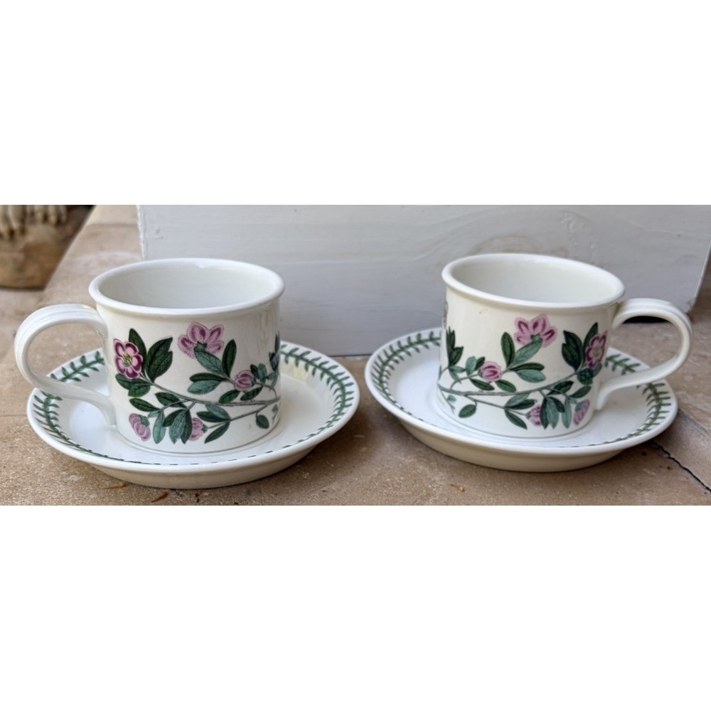 2 Vintage Rare Portmeirion Botanic Garden Drum Shape Cup Saucer Set Rhododendron